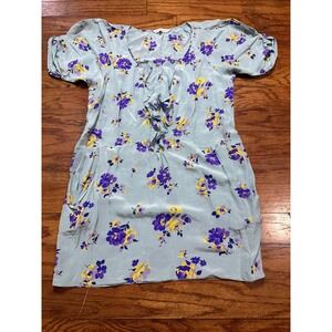 Rebecca Taylor Silk Floral Mini Dress Blue Purple Yellow Ruffle Smocked Size 8